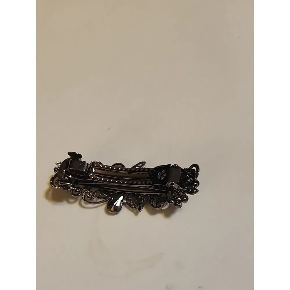 Black Floral Barrette with Blue Stones and Pearl Accents